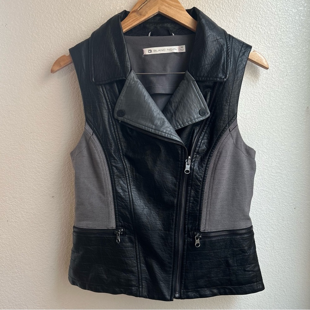 blanc noir Black and Gray Faux Leather Moto Vest with Knit Panels